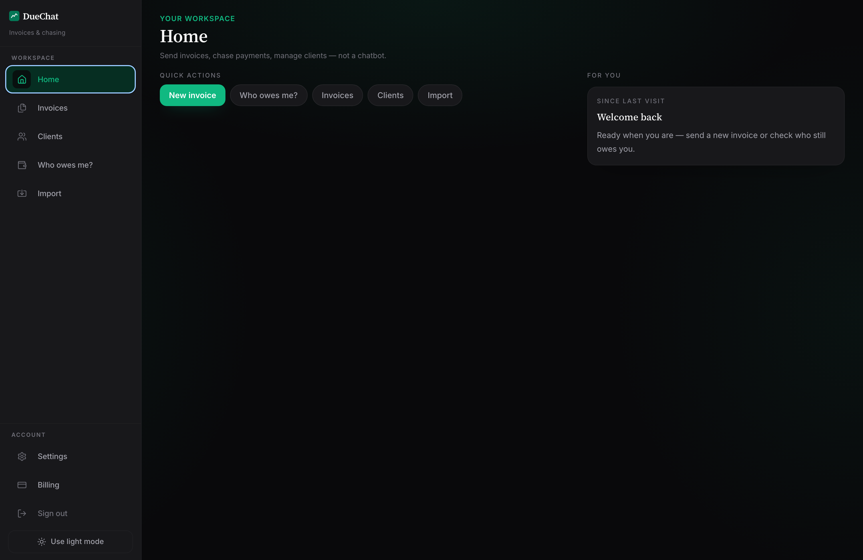 DueChat home — invoices and who still owes you